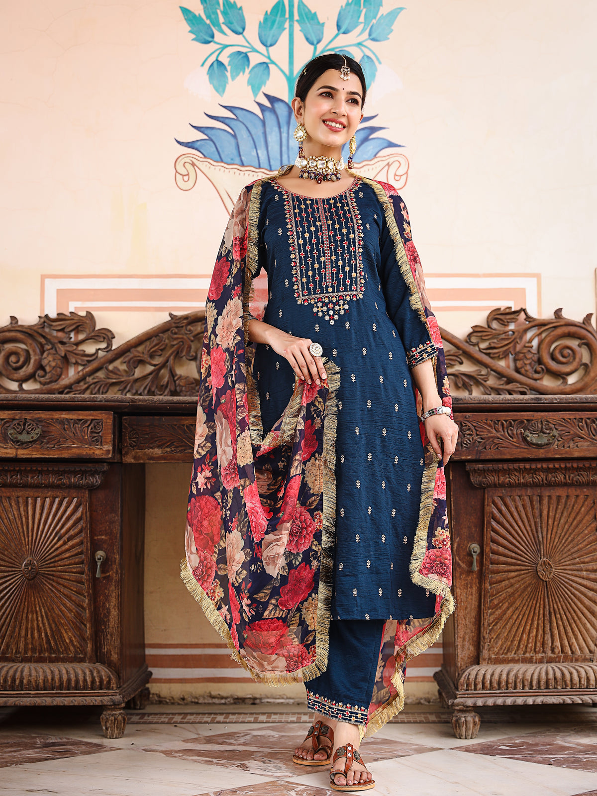 Blue Silk Blend Sequin Embroidered Kurta Set - view 1
