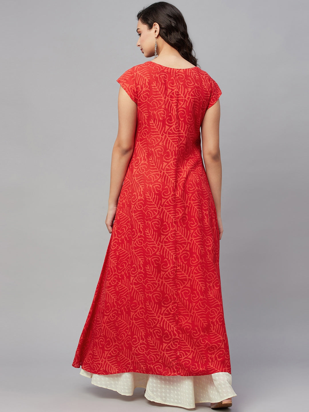 Red Printed Flared Gown with Inner - view 5