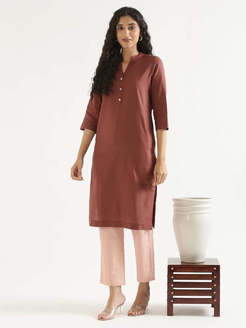 Rose Taupe Mandarin Collar Pure Cotton Kurta - view 1