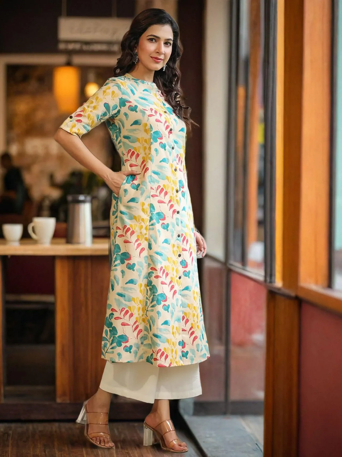 Beige Floral Block Print A-Line Kurta - view 2