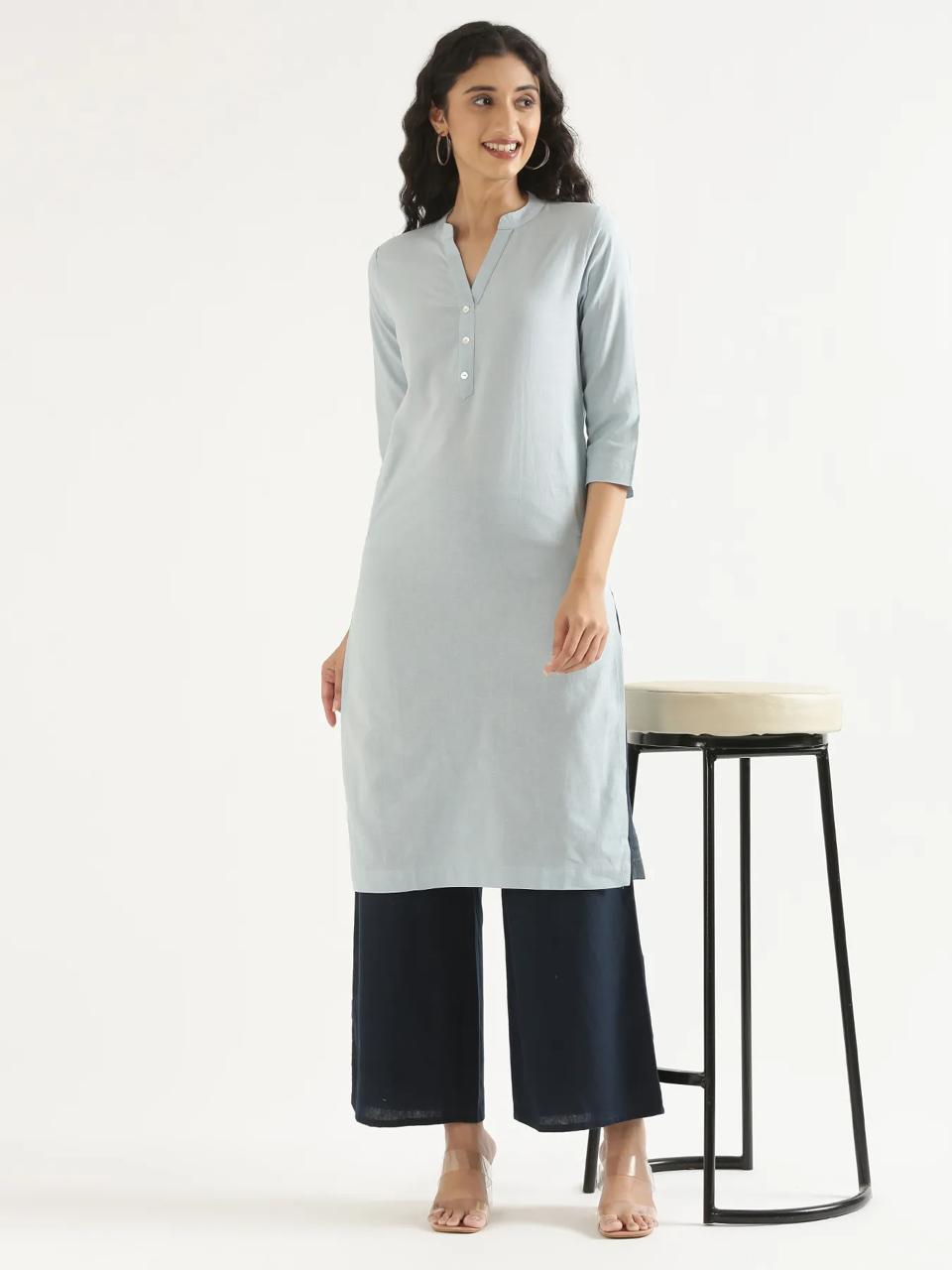 Sky Blue Mandarin Collar Pure Cotton Kurta - view 1