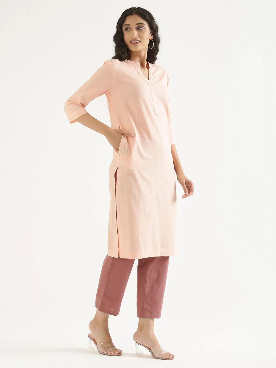 Salmon Pink Mandarin Collar Pure Cotton Kurta - view 2