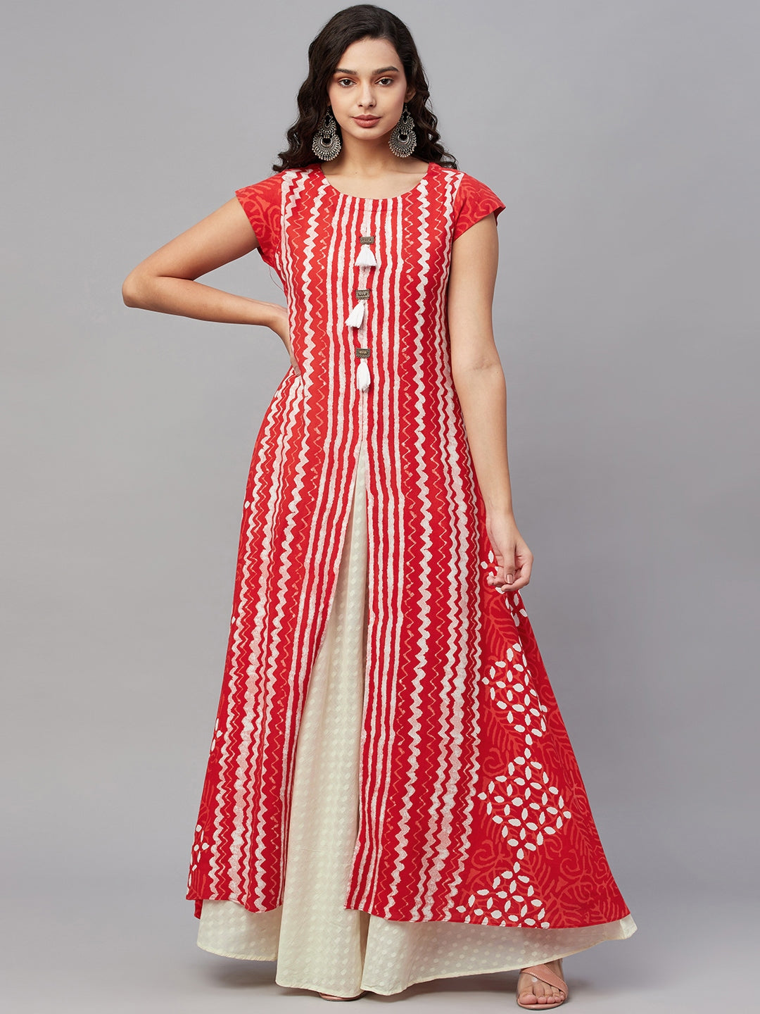 Red Printed Flared Gown with Inner - view 1