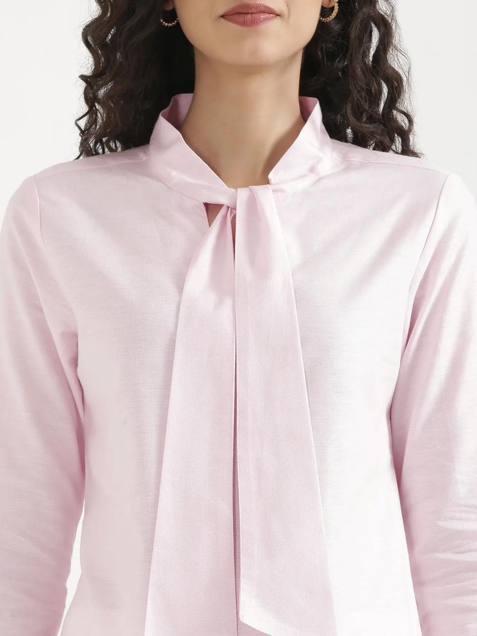 Blush Pink Linen Blend Short Kurti with Tie-Up Neck - view 3