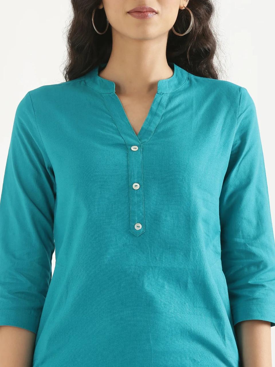 Teal Mandarin Collar Pure Cotton Kurta - view 4