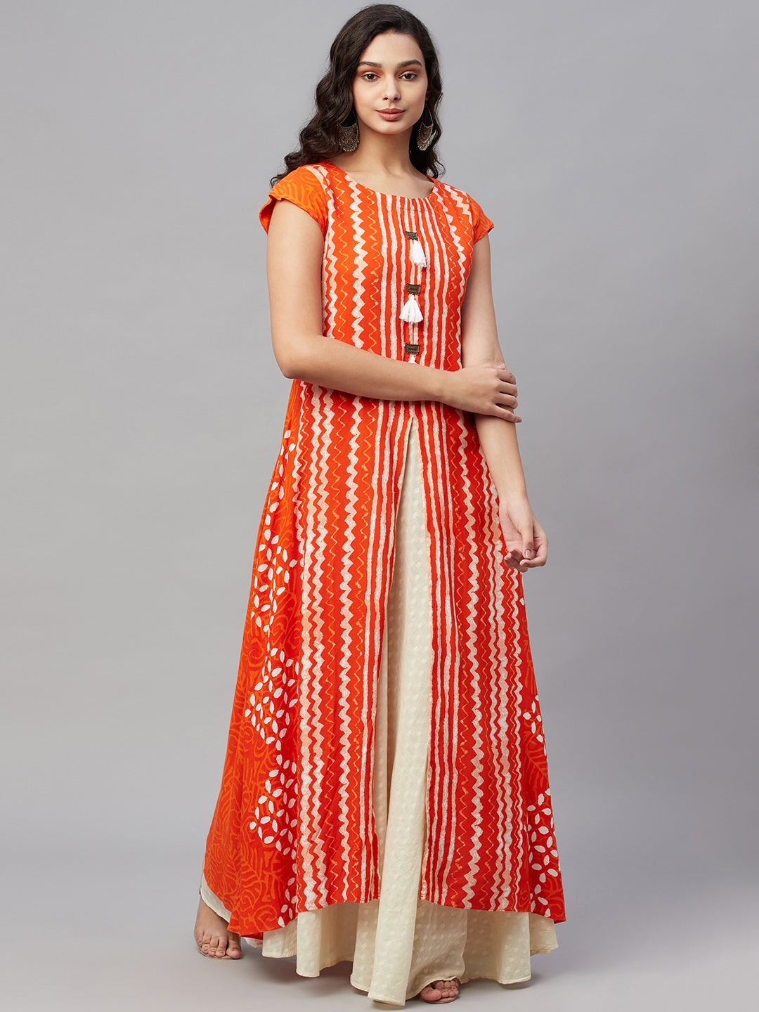 Orange Printed Flared Gown with Inner - view 1
