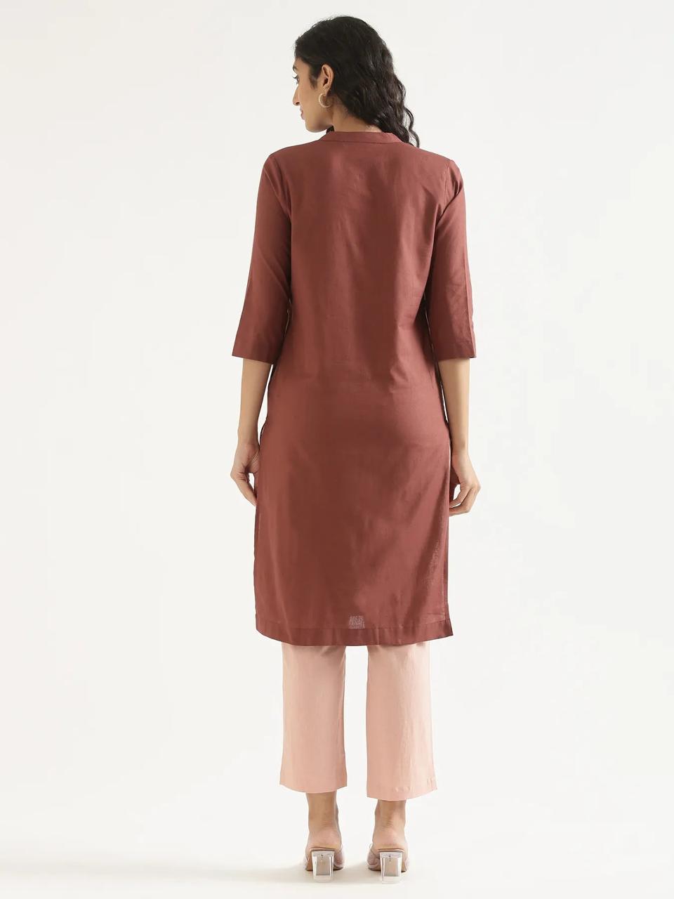 Rose Taupe Mandarin Collar Pure Cotton Kurta - view 3