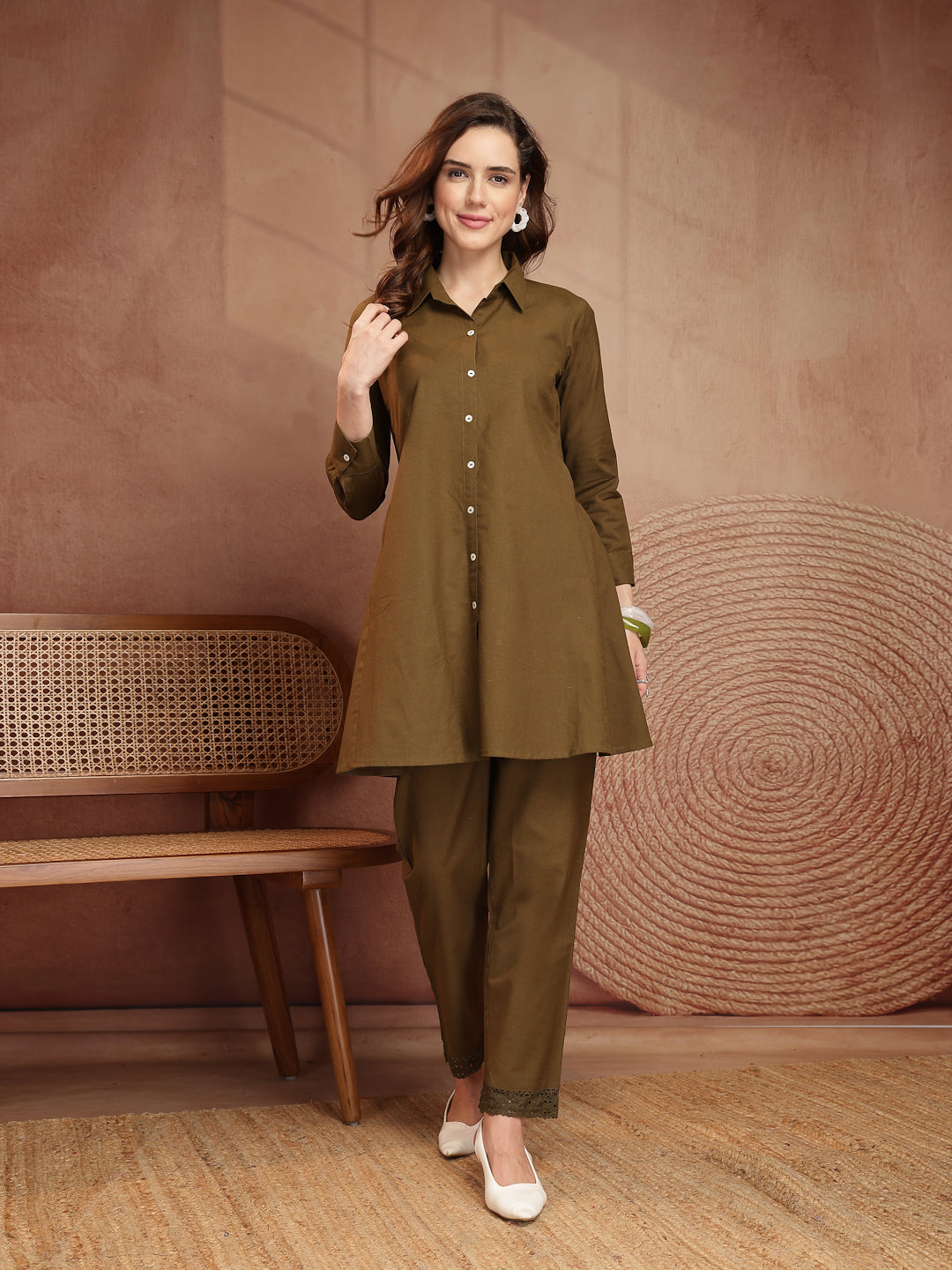 Olive Green Cotton Linen Shirt Pant Co-Ord Set - view 2