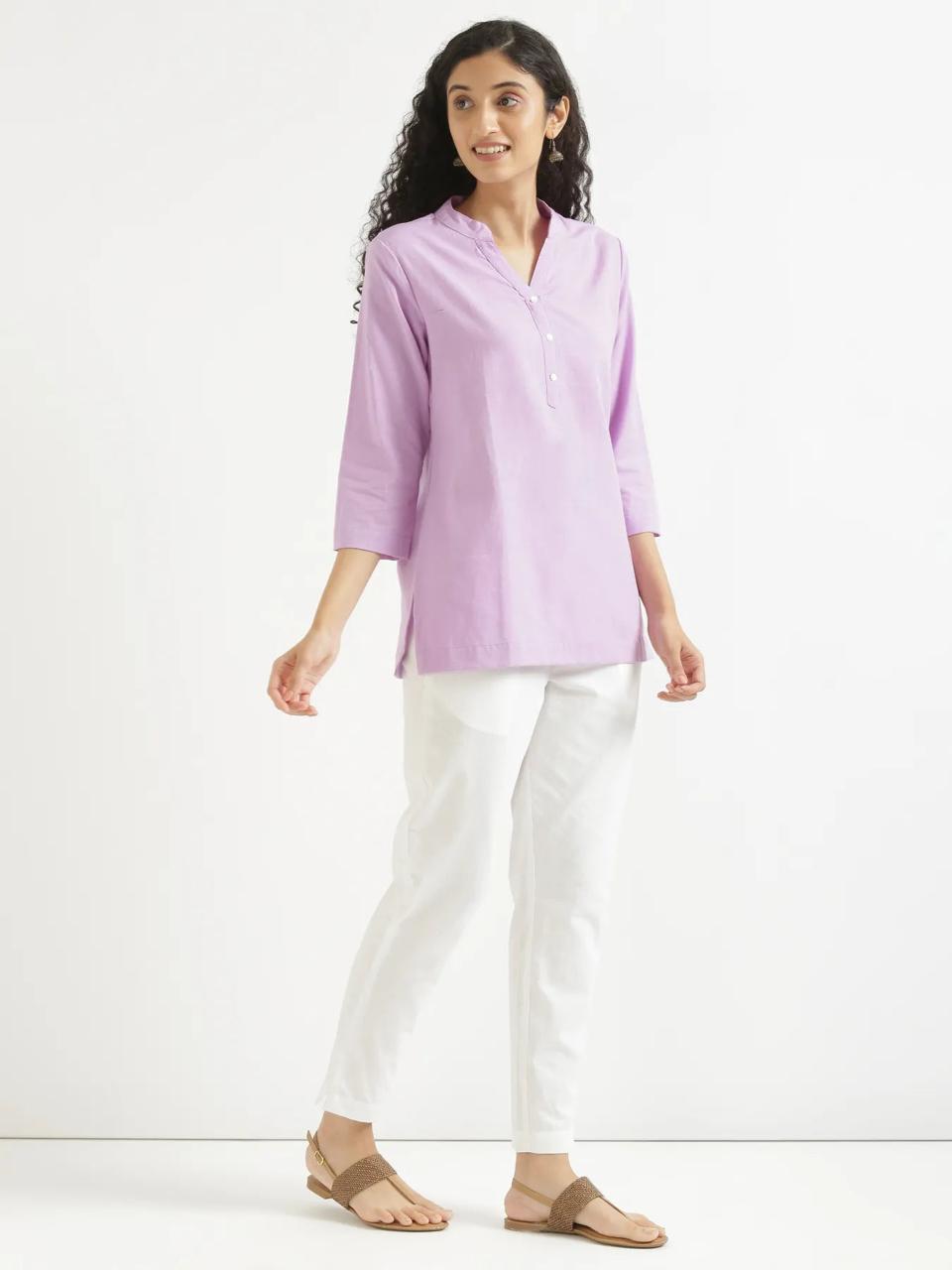 Lilac Mandarin Collar Cotton Short Kurti - view 4