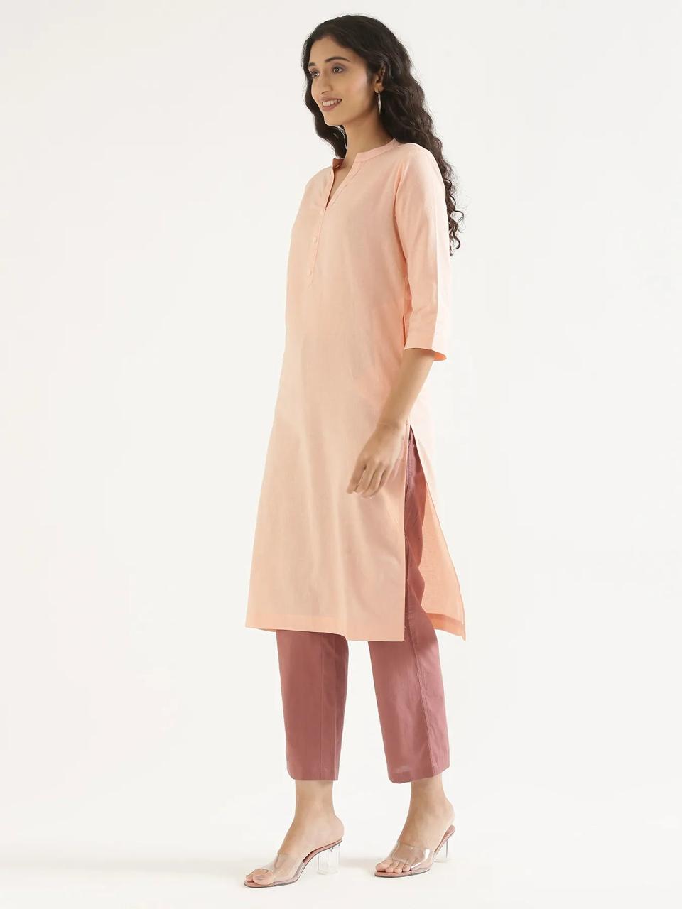 Salmon Pink Mandarin Collar Pure Cotton Kurta - view 3