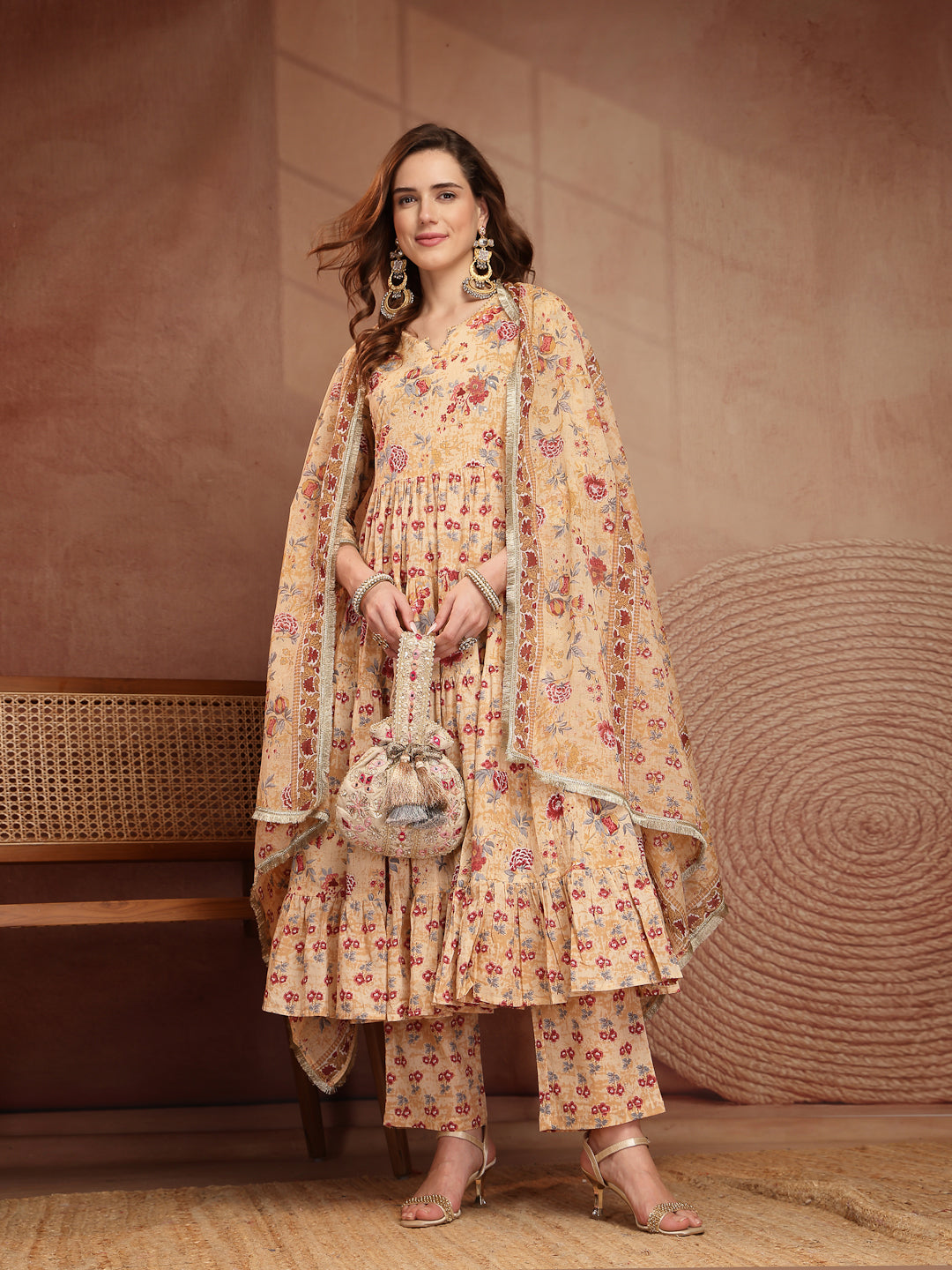 Peach Floral Print Anarkali Kurta Pant Dupatta Set - view 1
