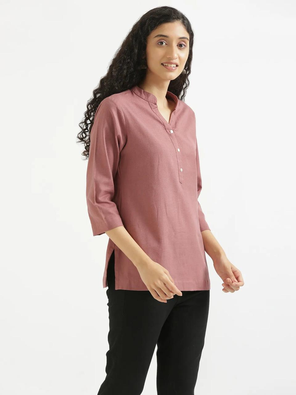 Rose Taupe Mandarin Collar Cotton Short Kurti - view 2