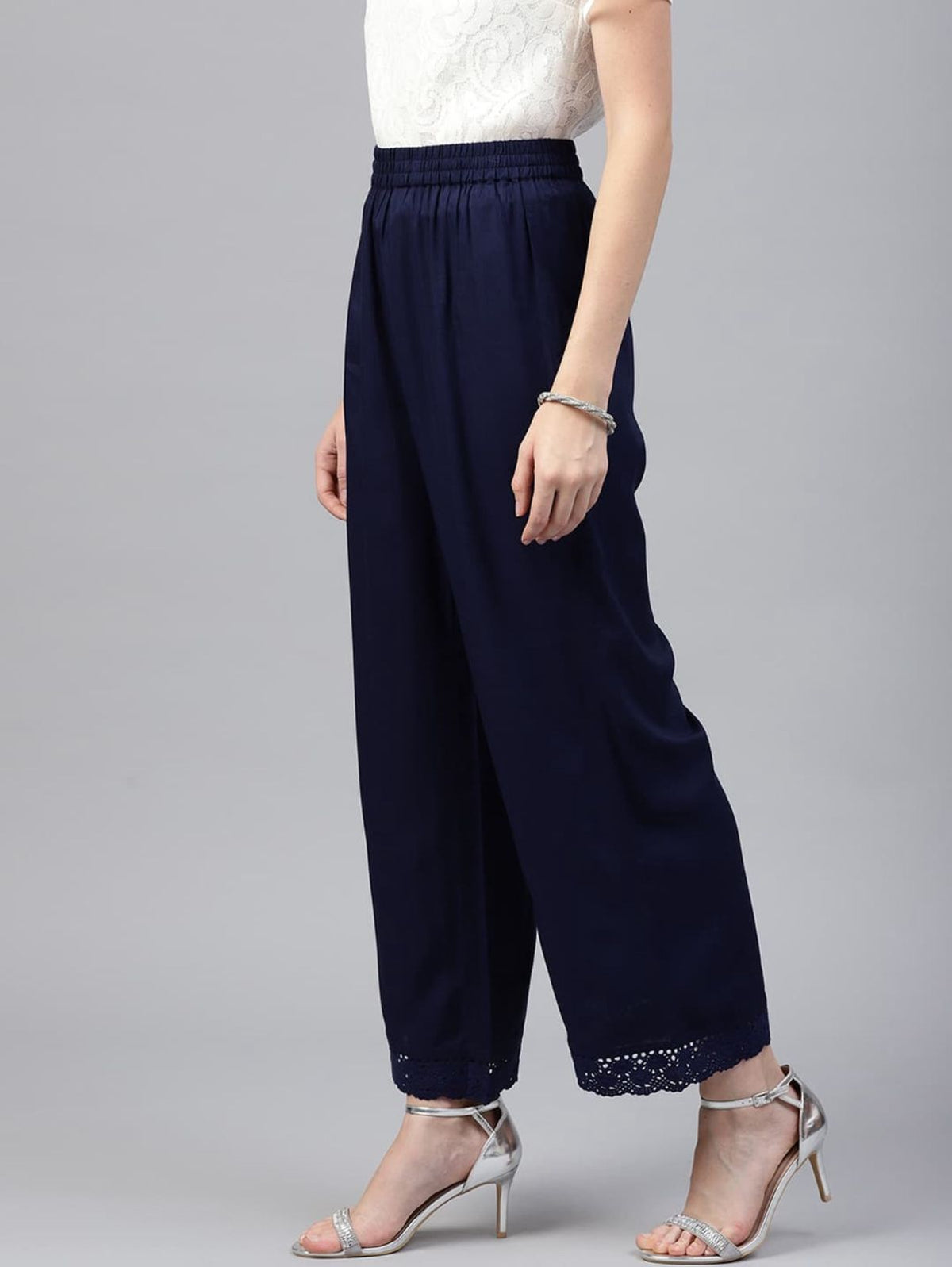 Navy Blue Lace Detail Palazzo Pants for Women - view 3
