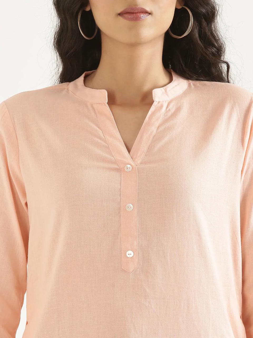 Salmon Pink Mandarin Collar Pure Cotton Kurta - view 5