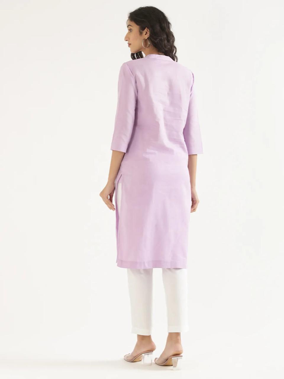 Lilac Mandarin Collar Pure Cotton Kurta - view 3