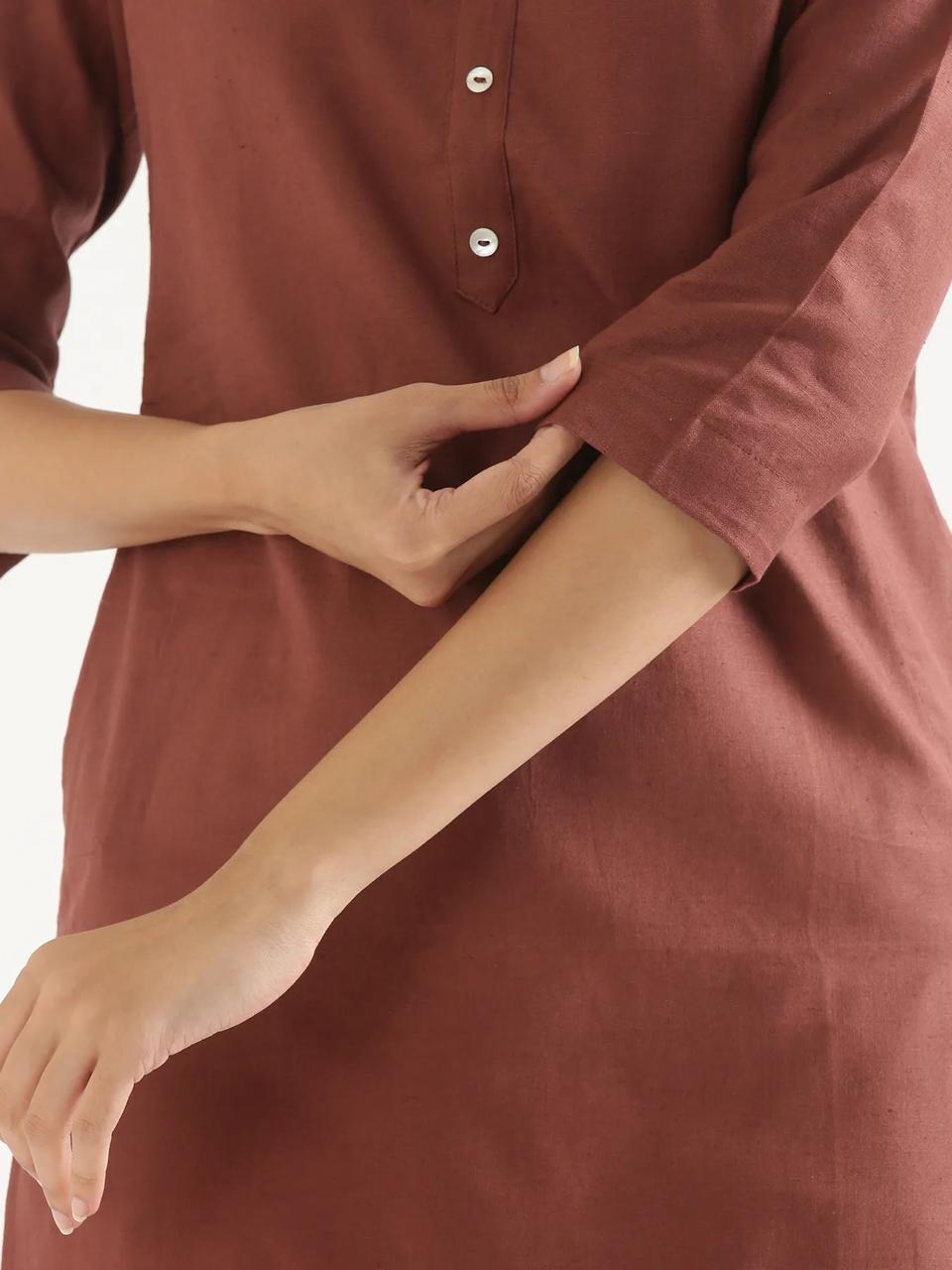 Rose Taupe Mandarin Collar Pure Cotton Kurta - view 5