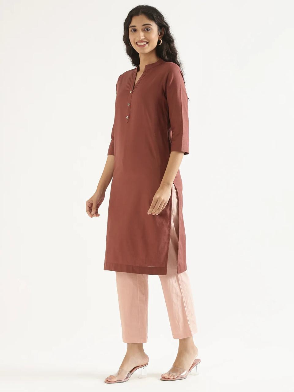 Rose Taupe Mandarin Collar Pure Cotton Kurta - view 2