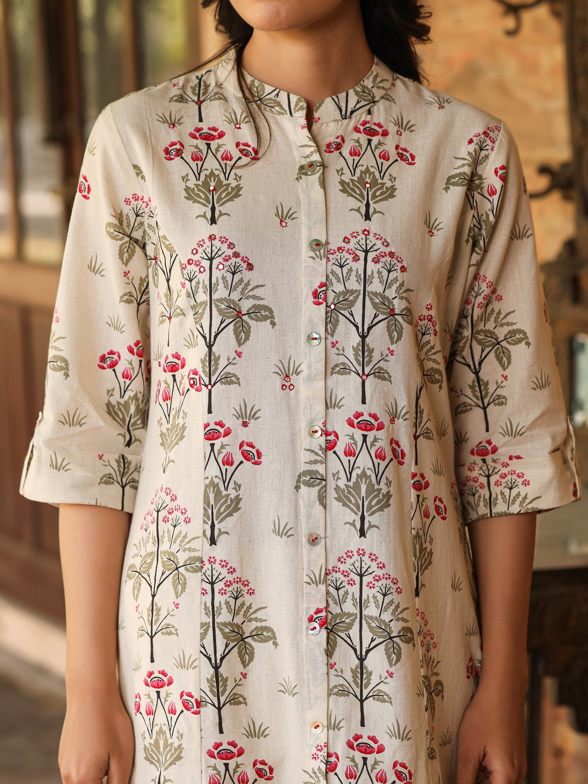 Pink Floral Print A-Line Cotton Kurta - view 5