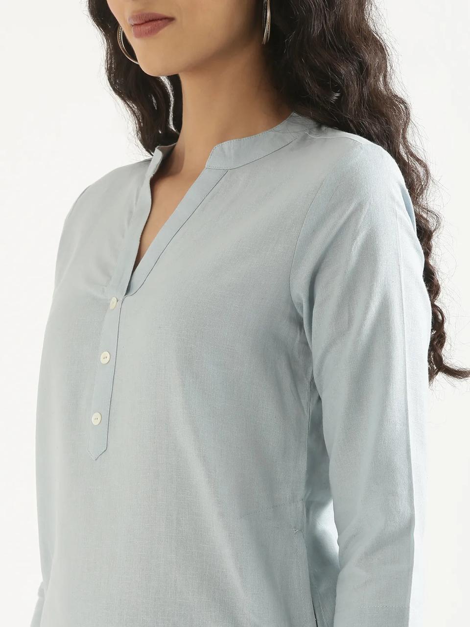 Sky Blue Mandarin Collar Pure Cotton Kurta - view 4