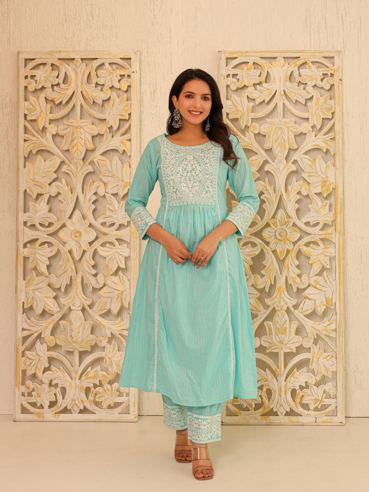 Turquoise Pleated Yoke Cotton Kurta with Trousers - view 1