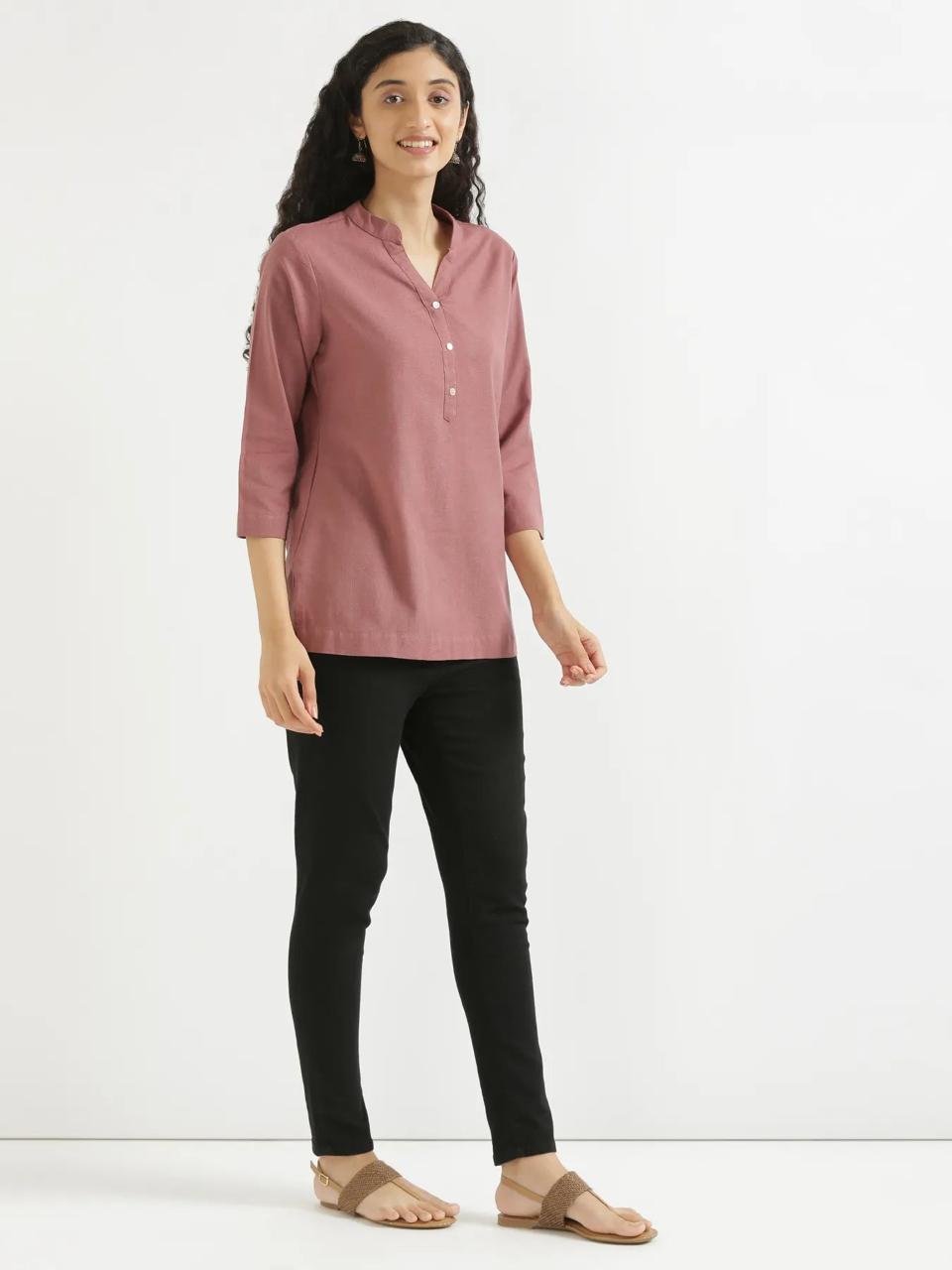 Rose Taupe Mandarin Collar Cotton Short Kurti - view 3