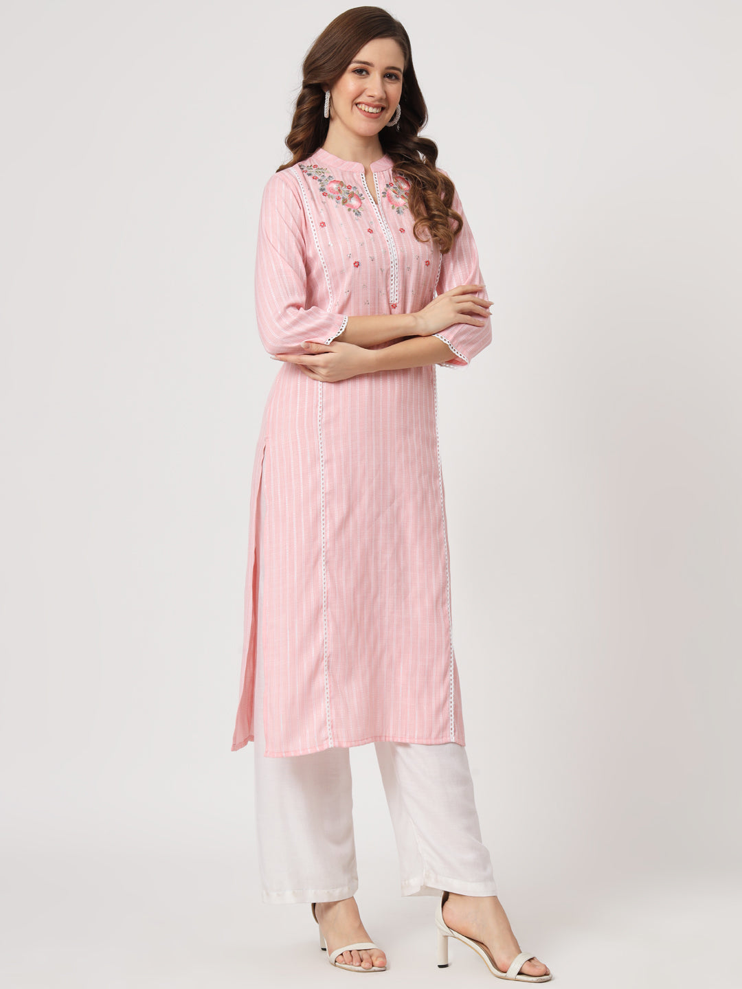 Baby Pink Embroidered Viscose Straight Kurta - view 3
