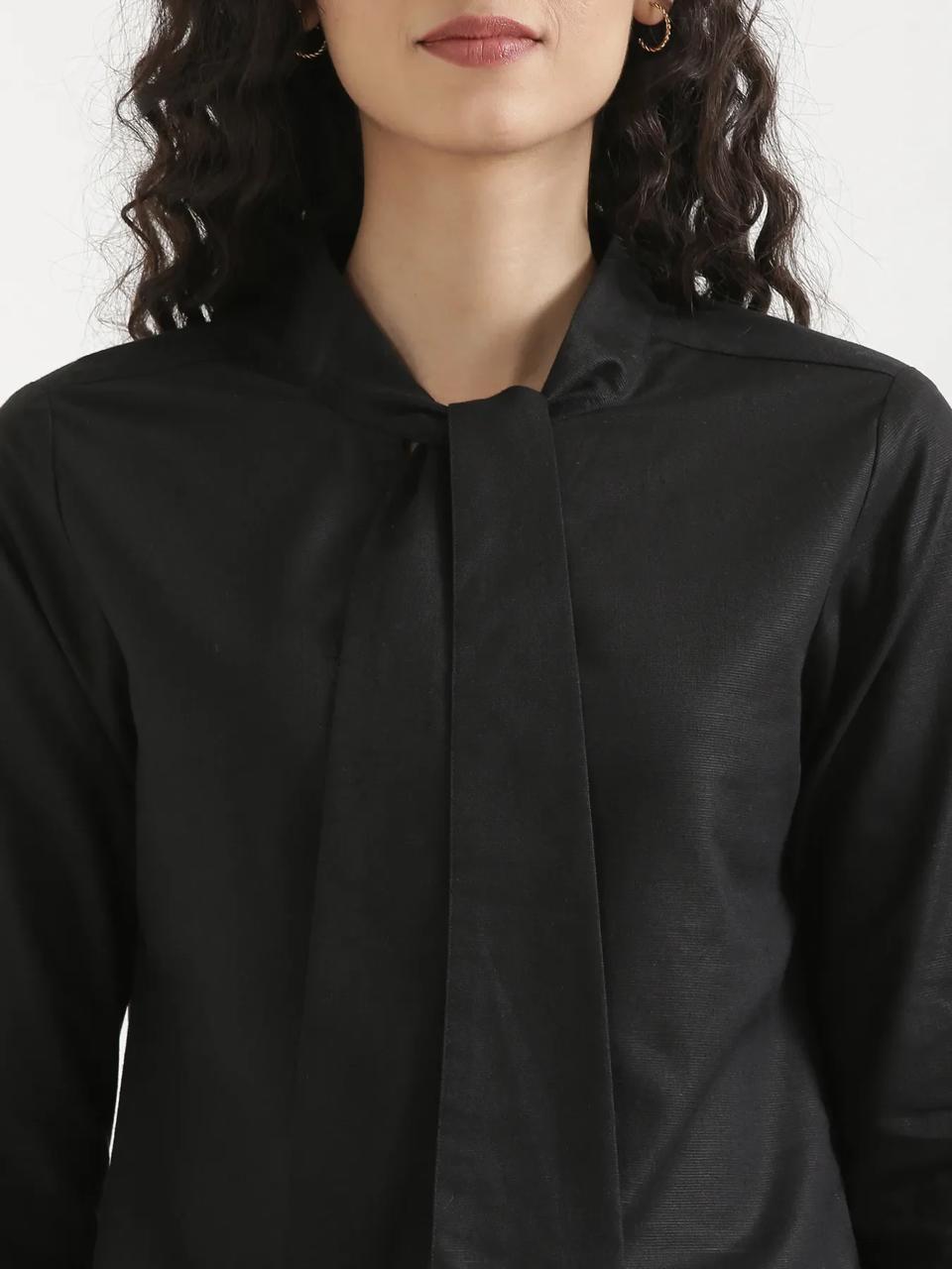 Black Linen Blend Short Kurti with Tie-Up Neck - view 4