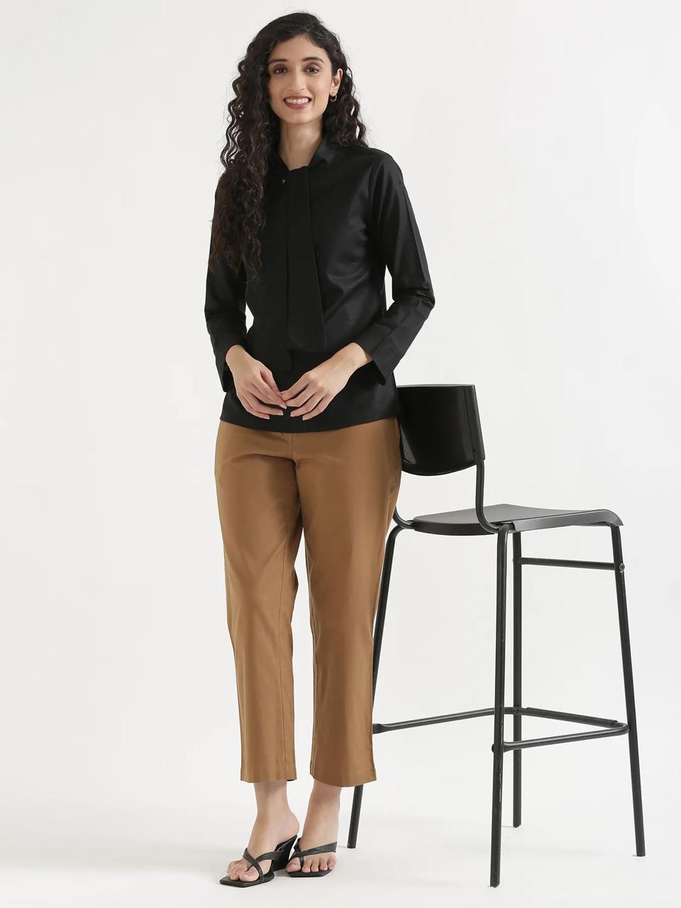 Black Linen Blend Short Kurti with Tie-Up Neck - view 1