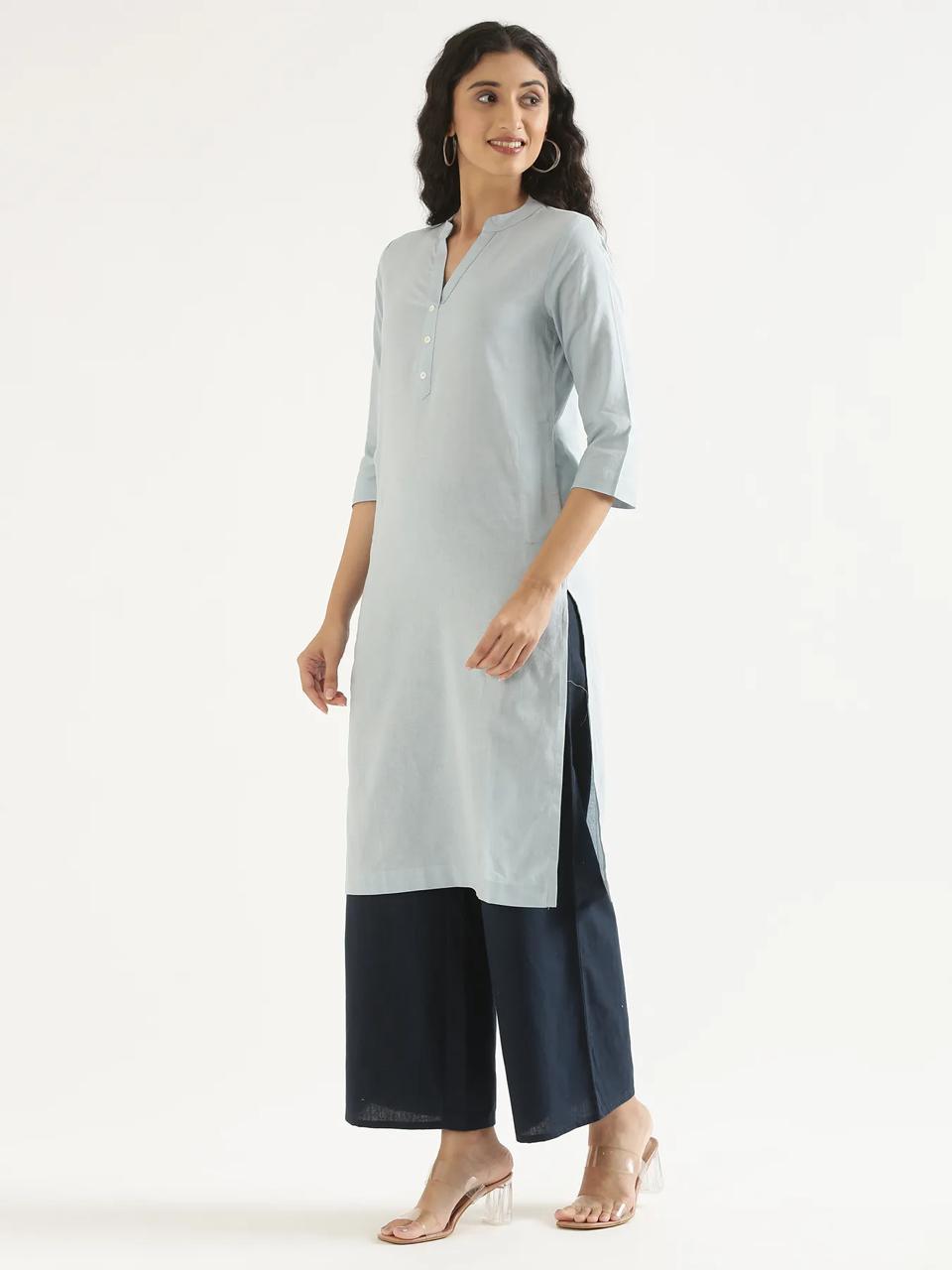 Sky Blue Mandarin Collar Pure Cotton Kurta - view 2