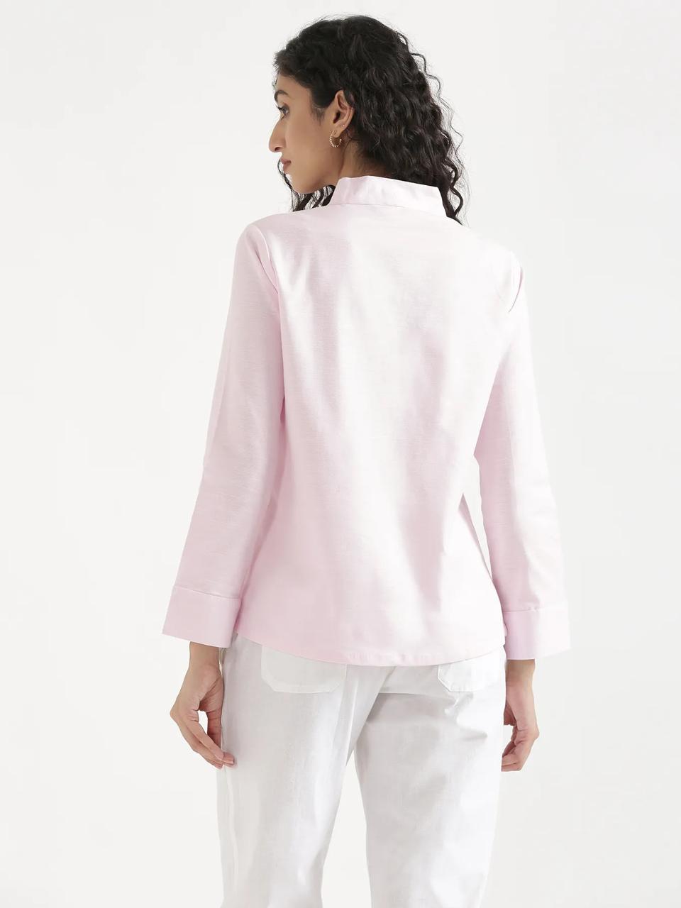 Blush Pink Linen Blend Short Kurti with Tie-Up Neck - view 2