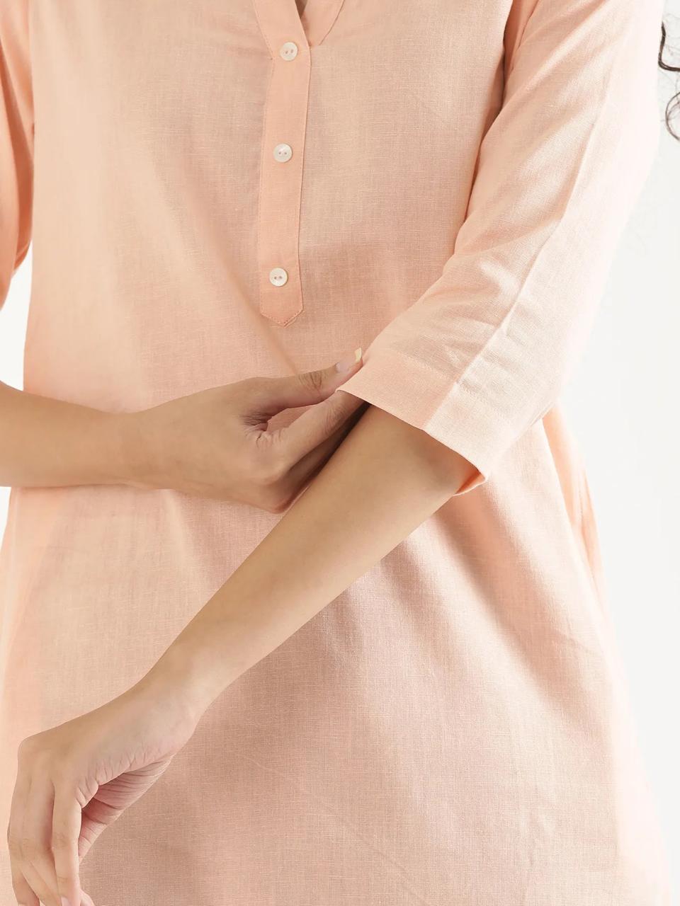 Salmon Pink Mandarin Collar Pure Cotton Kurta - view 6