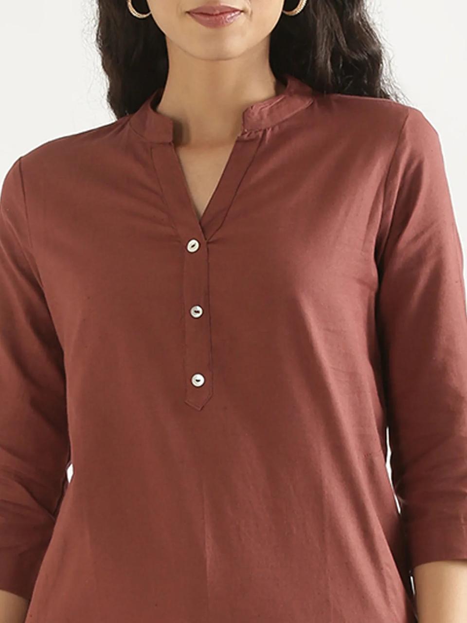 Rose Taupe Mandarin Collar Pure Cotton Kurta - view 4