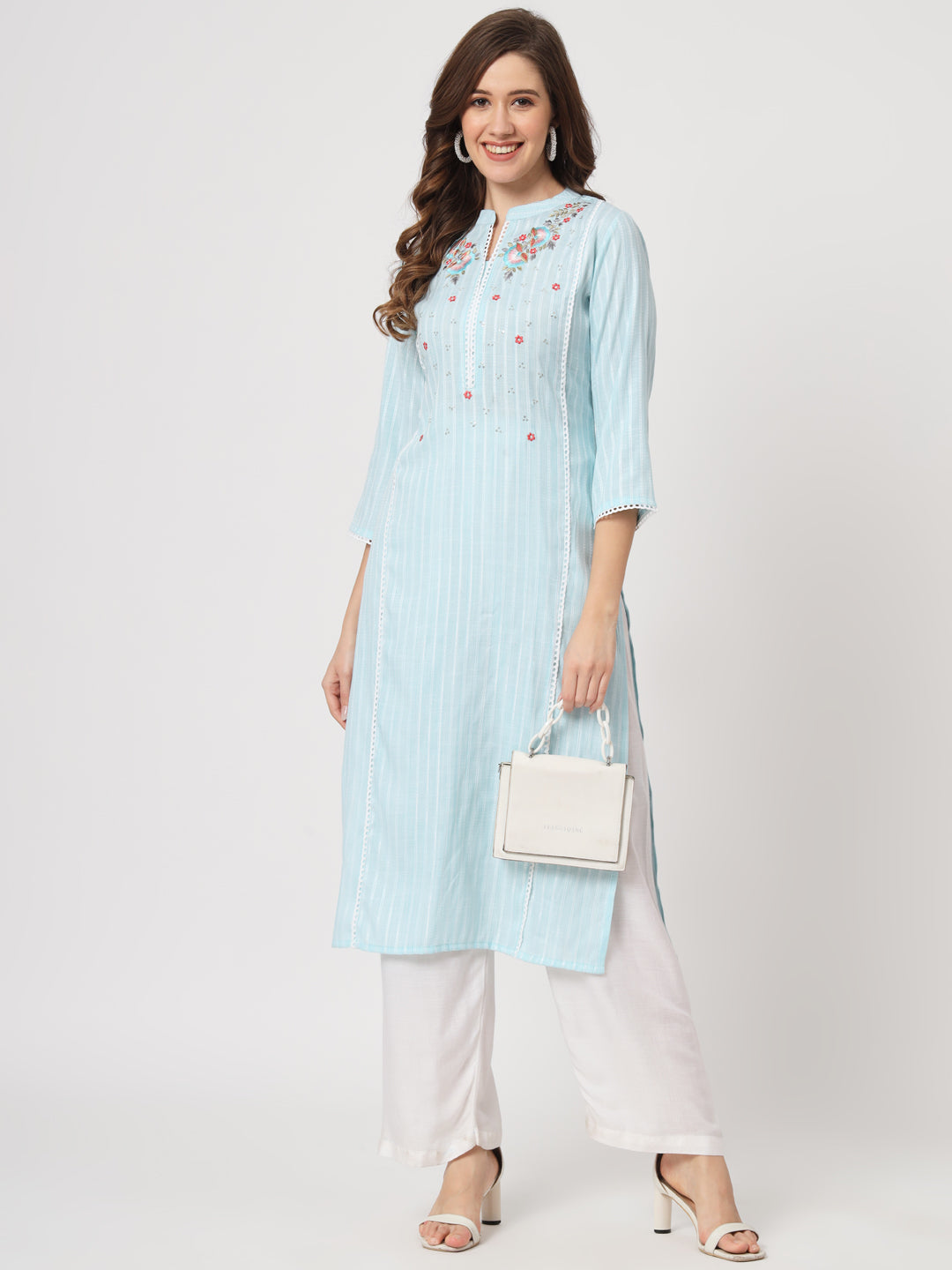 Sky Blue Embroidered Viscose Straight Kurta - view 3