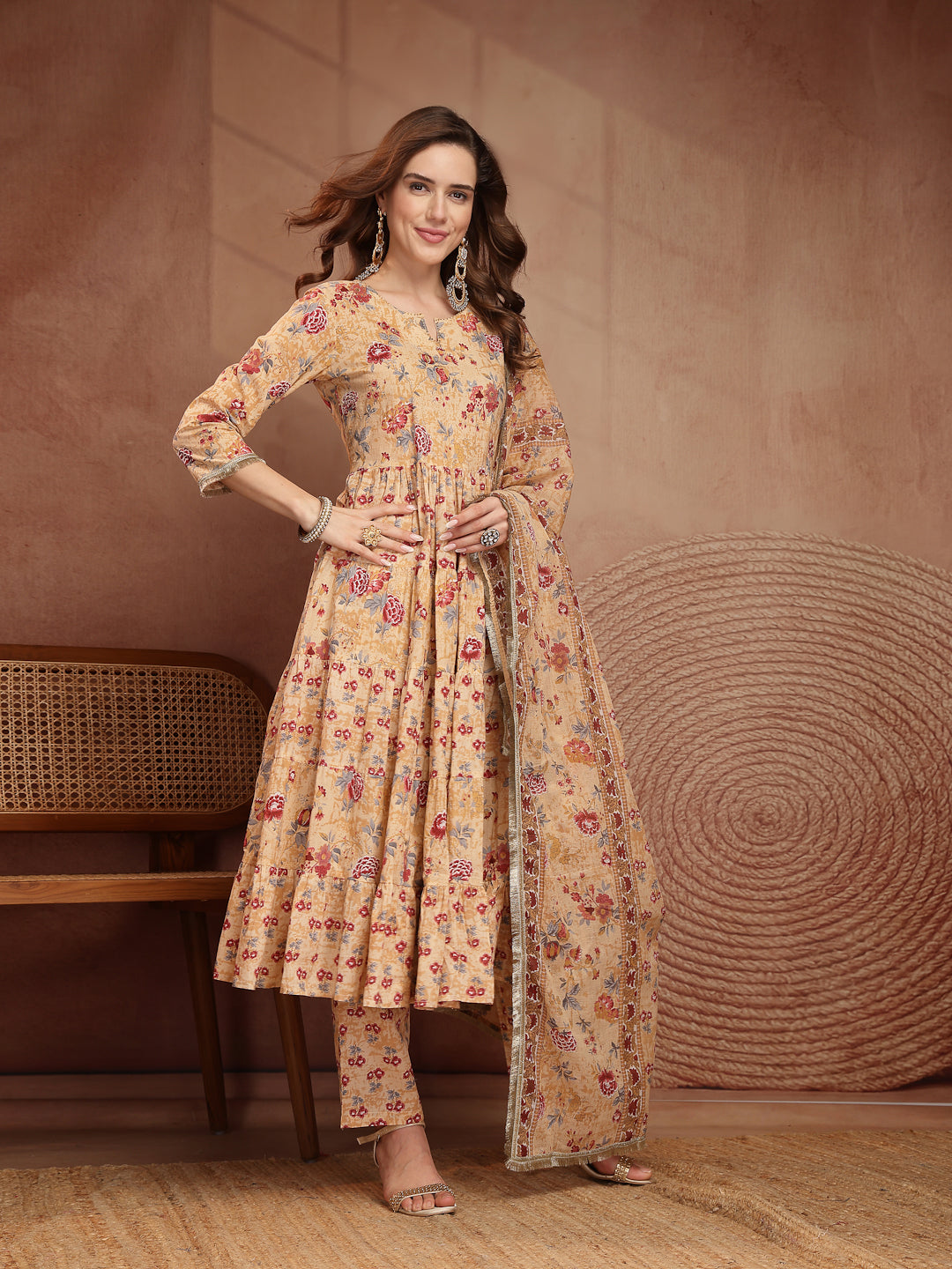 Peach Floral Print Anarkali Kurta Pant Dupatta Set - view 2