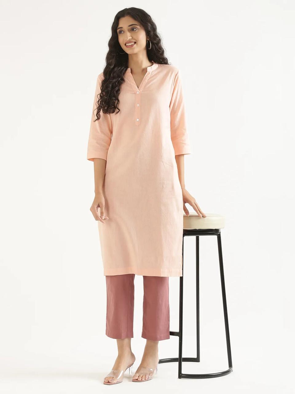 Salmon Pink Mandarin Collar Pure Cotton Kurta - view 1