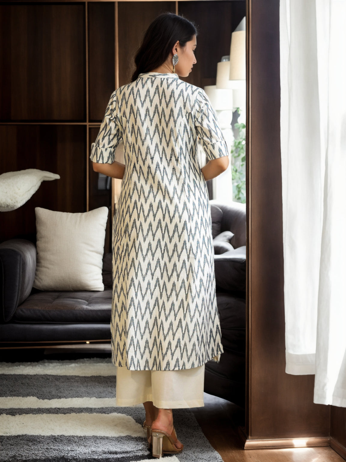 White Floral Block Print A-Line Kurta - view 4