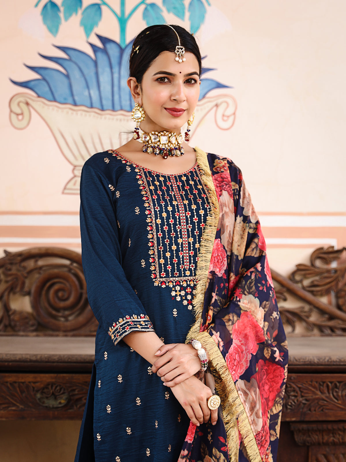 Blue Silk Blend Sequin Embroidered Kurta Set - view 4