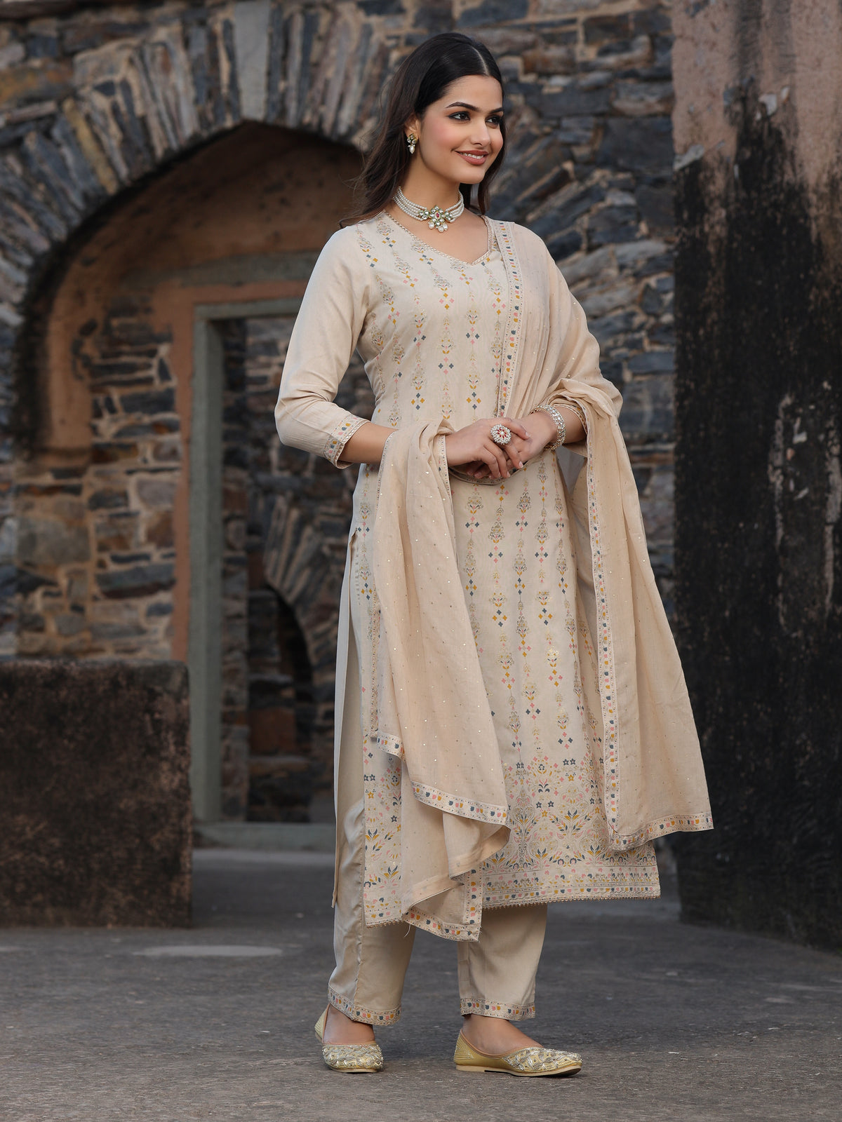 Beige Rayon Kurta Pant Dupatta Set with Gota Work - view 2