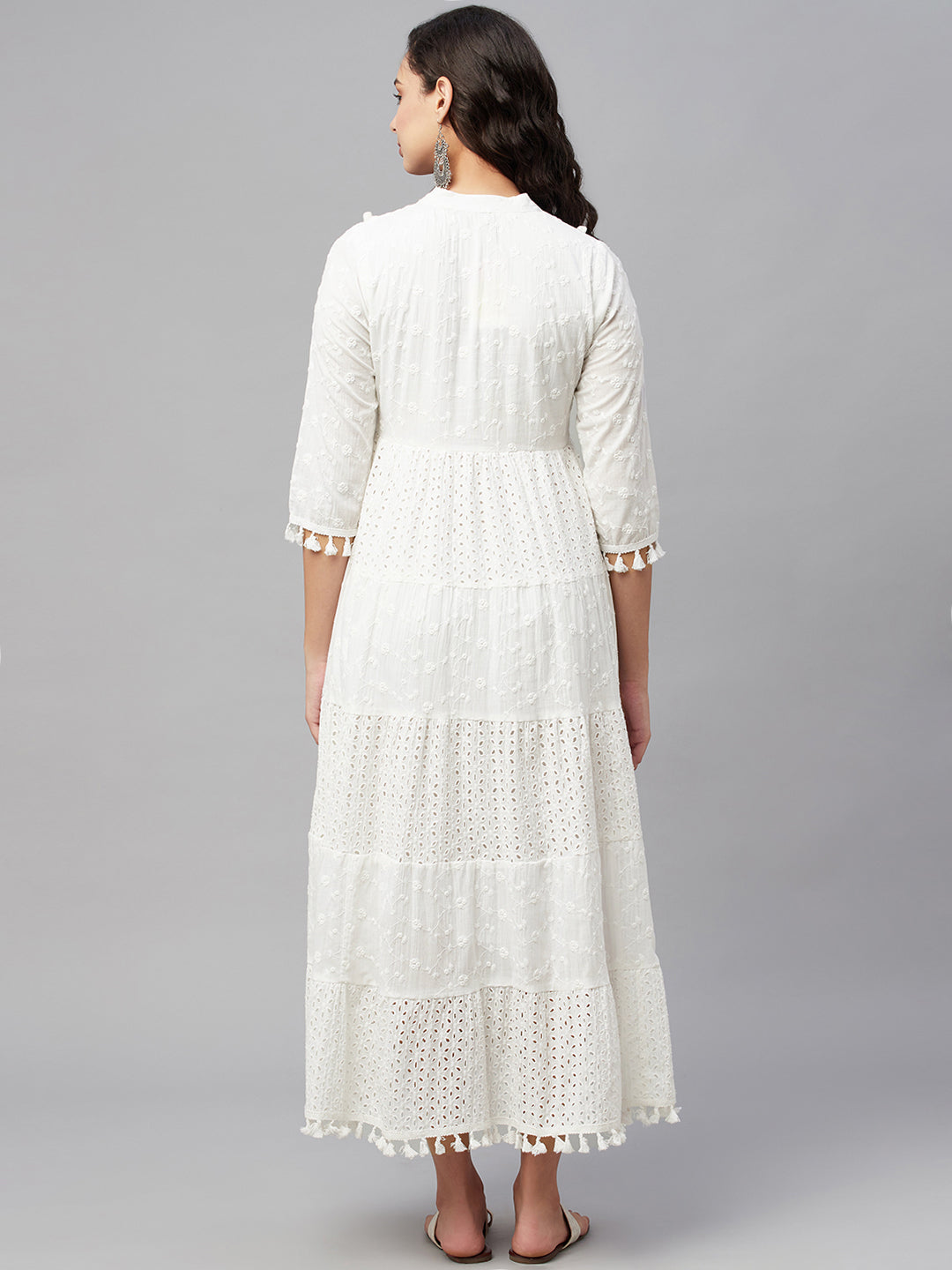 White Schiffli Embroidered Flared Gown for Women - view 4