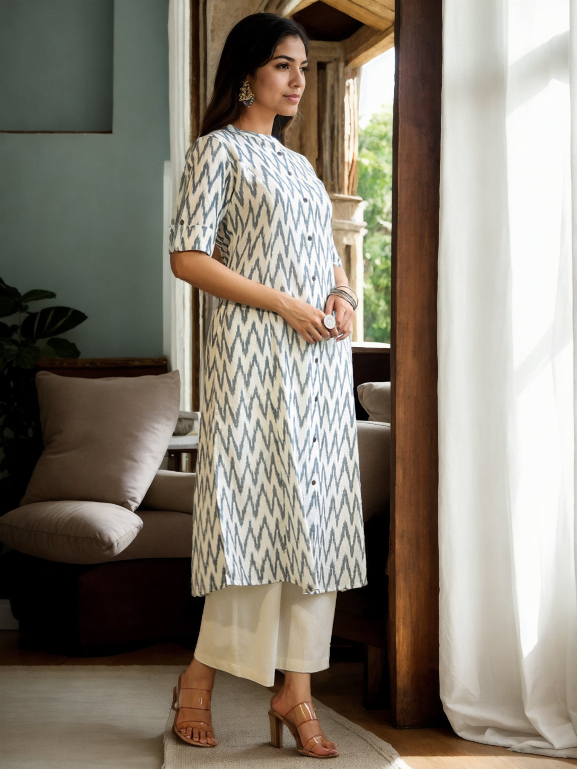 White Floral Block Print A-Line Kurta - view 2