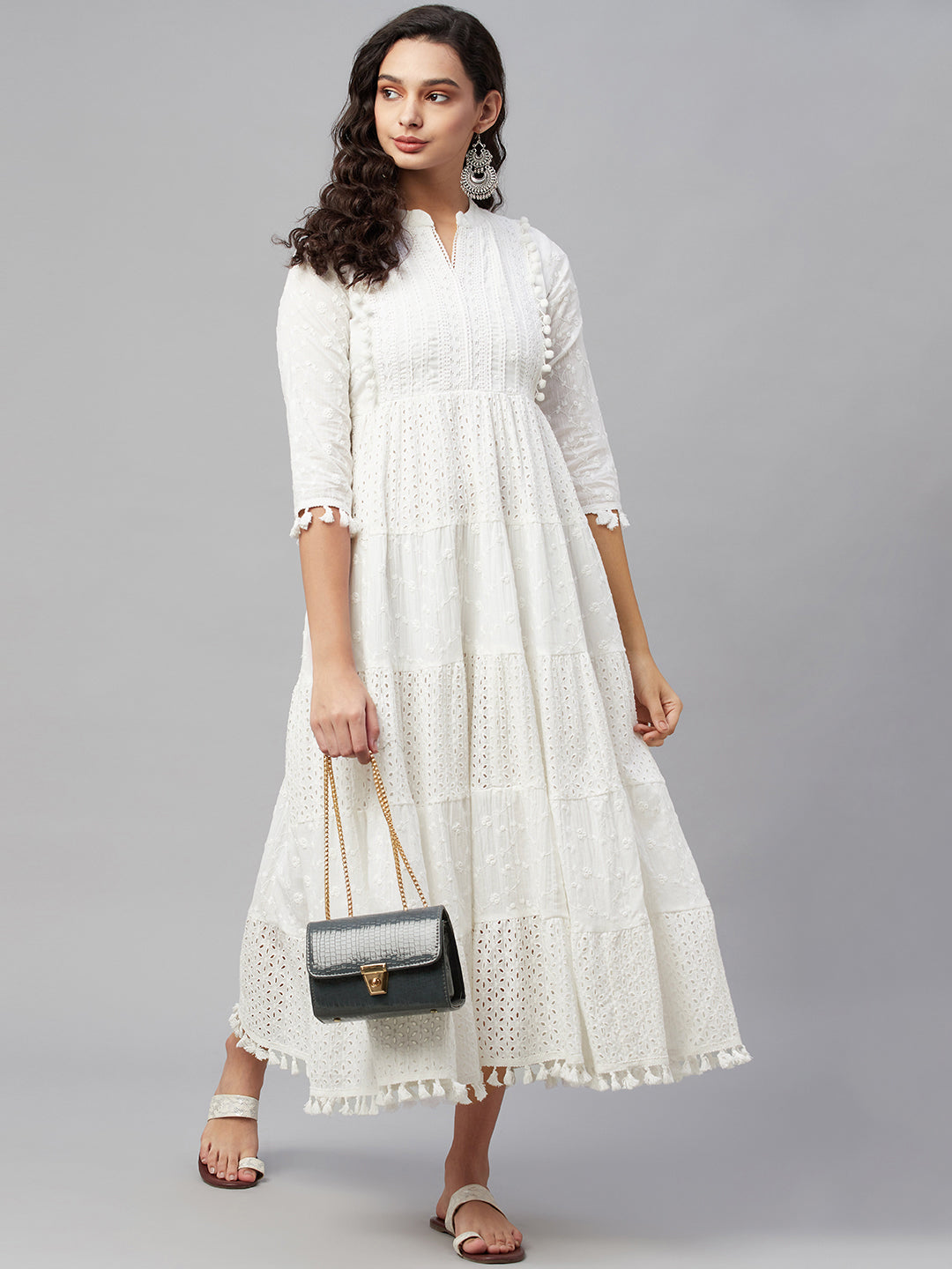 White Schiffli Embroidered Flared Gown for Women - view 5