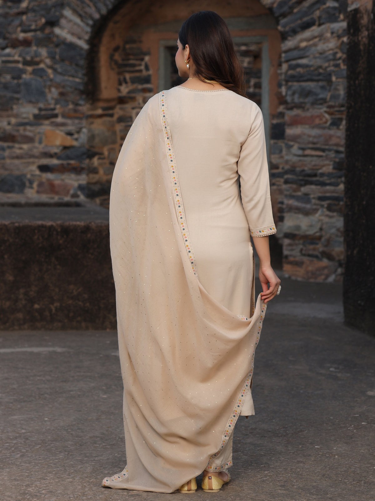 Beige Rayon Kurta Pant Dupatta Set with Gota Work - view 4