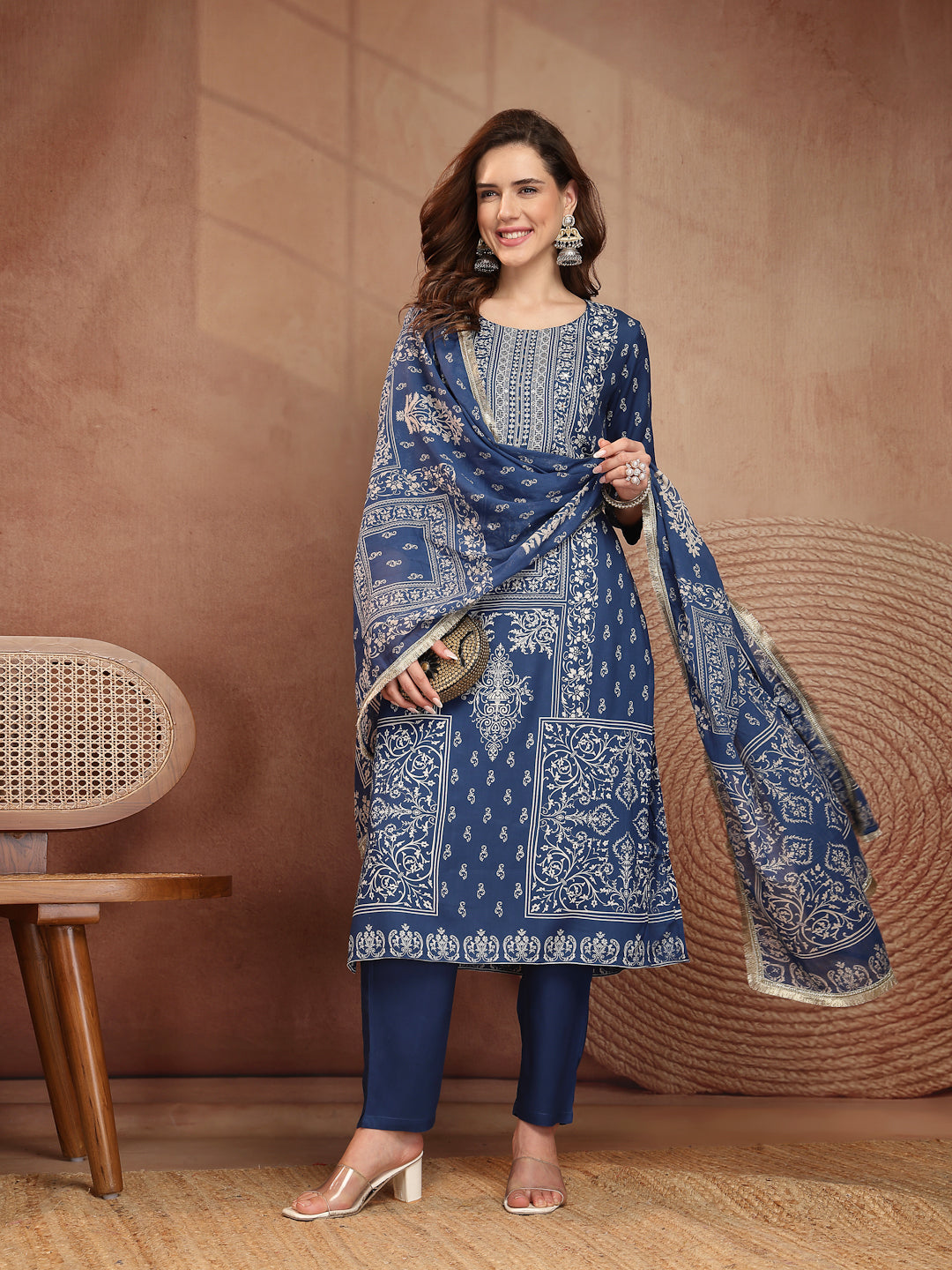 Royal Blue Printed Kurta Pant Dupatta Set - view 1