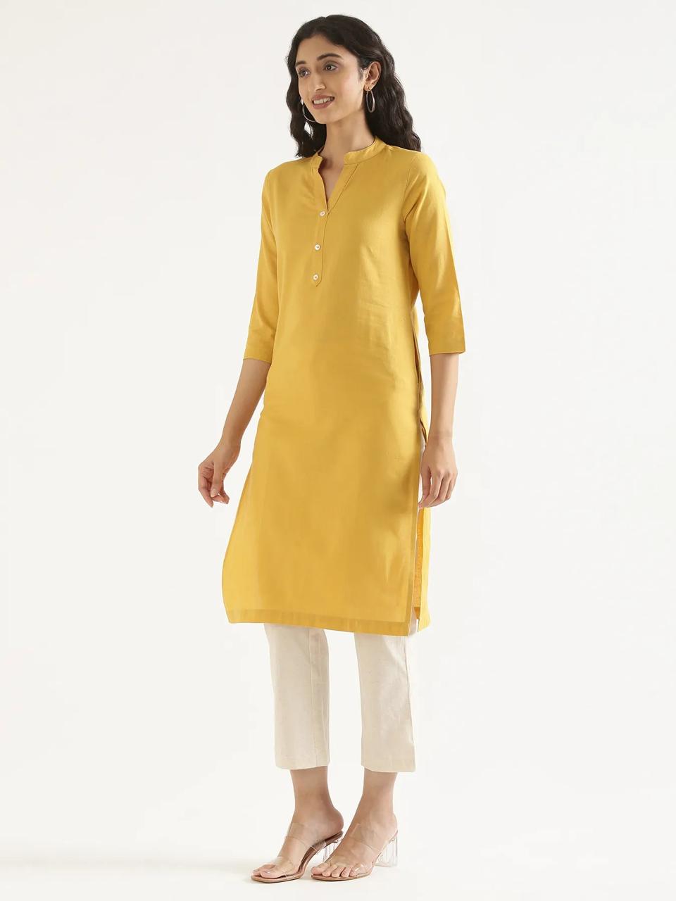 Yellow Mandarin Collar Pure Cotton Kurta - view 2