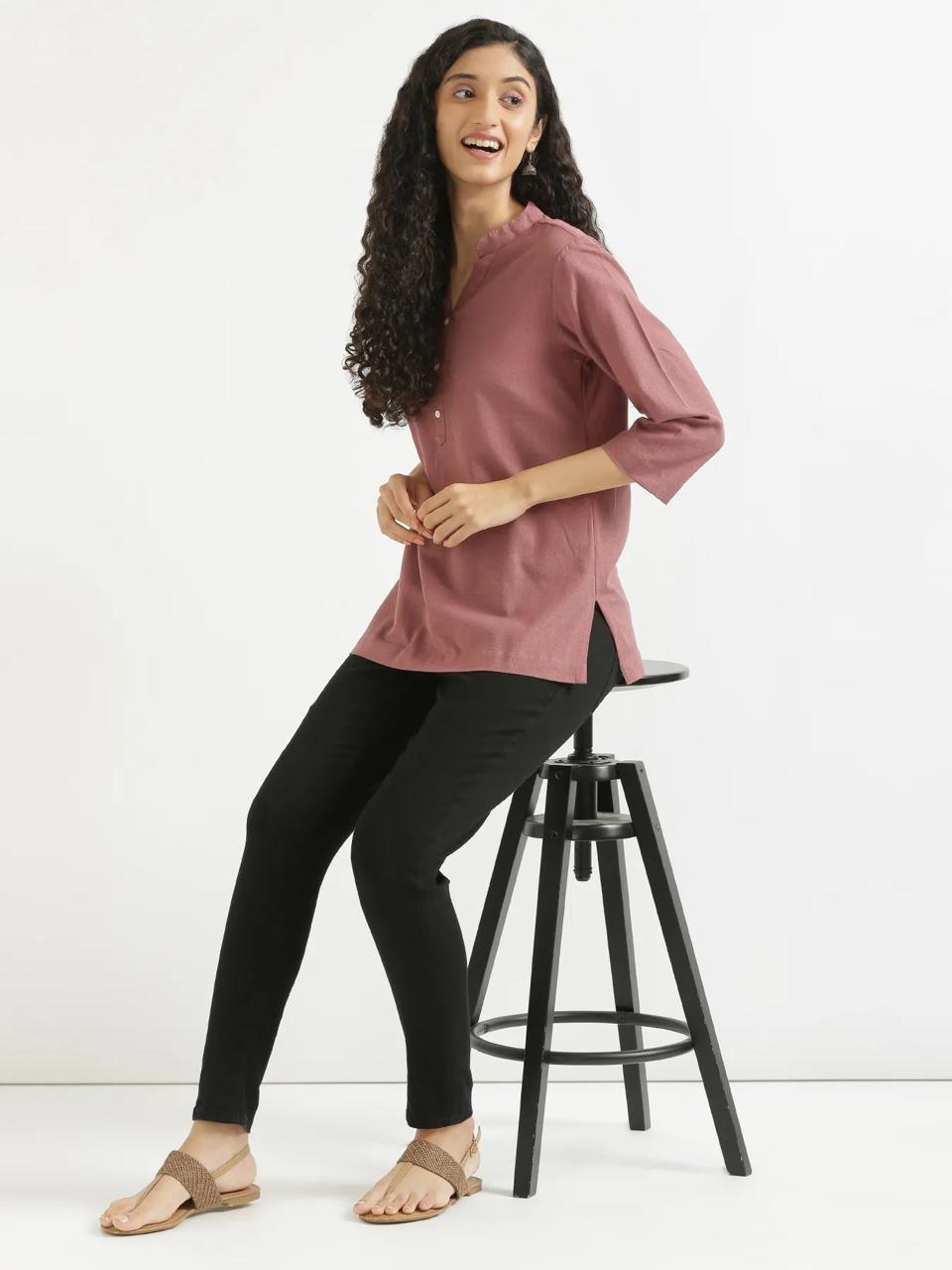Rose Taupe Mandarin Collar Cotton Short Kurti - view 1