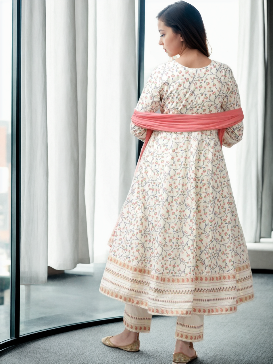 Cream Floral Printed Sequinned Cotton Kurta Set - view 4