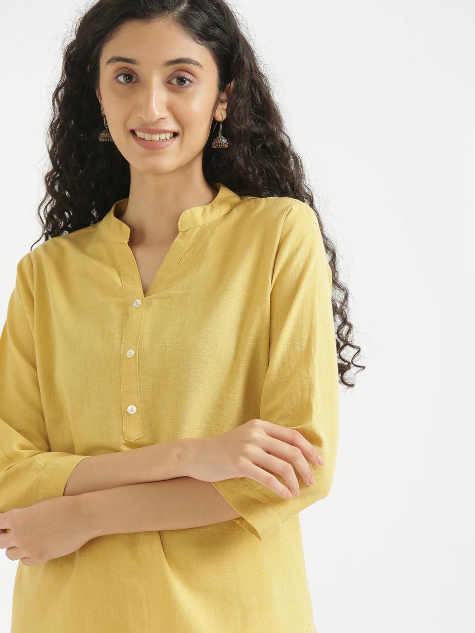 Yellow Mandarin Collar Cotton Short Kurti - view 6