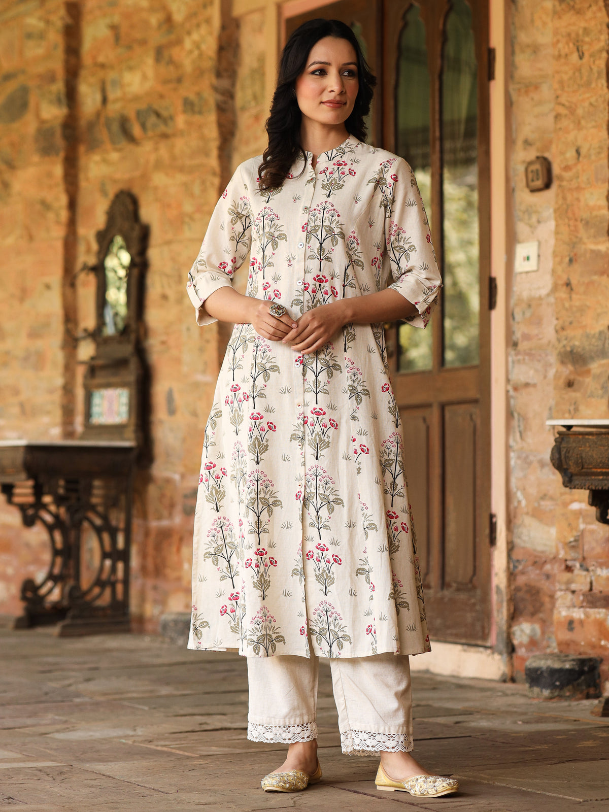 Pink Floral Print A-Line Cotton Kurta - view 1