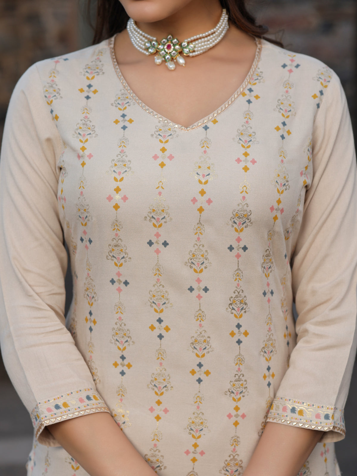 Beige Rayon Kurta Pant Dupatta Set with Gota Work - view 3
