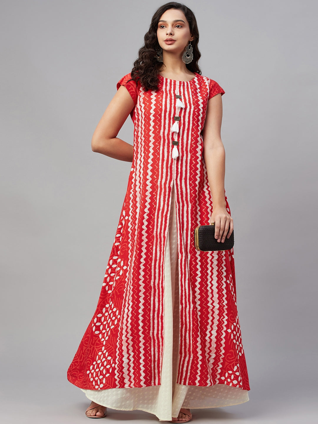 Red Printed Flared Gown with Inner - view 6
